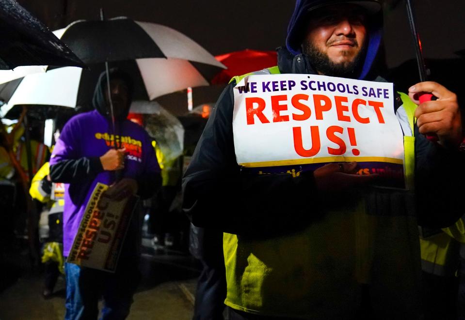 Los Angeles Unified School District members were on the picket line on Tuesday at the Van Nuys Bus Yard.