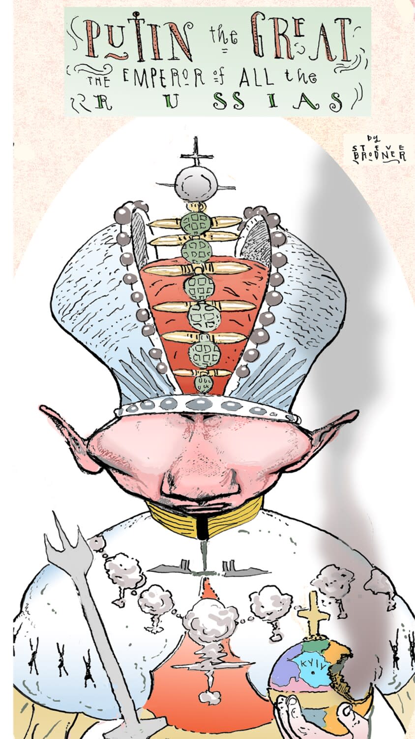 Political cartoon showing a caricature of Vladimir Putin wearing a large crown made of weaponry