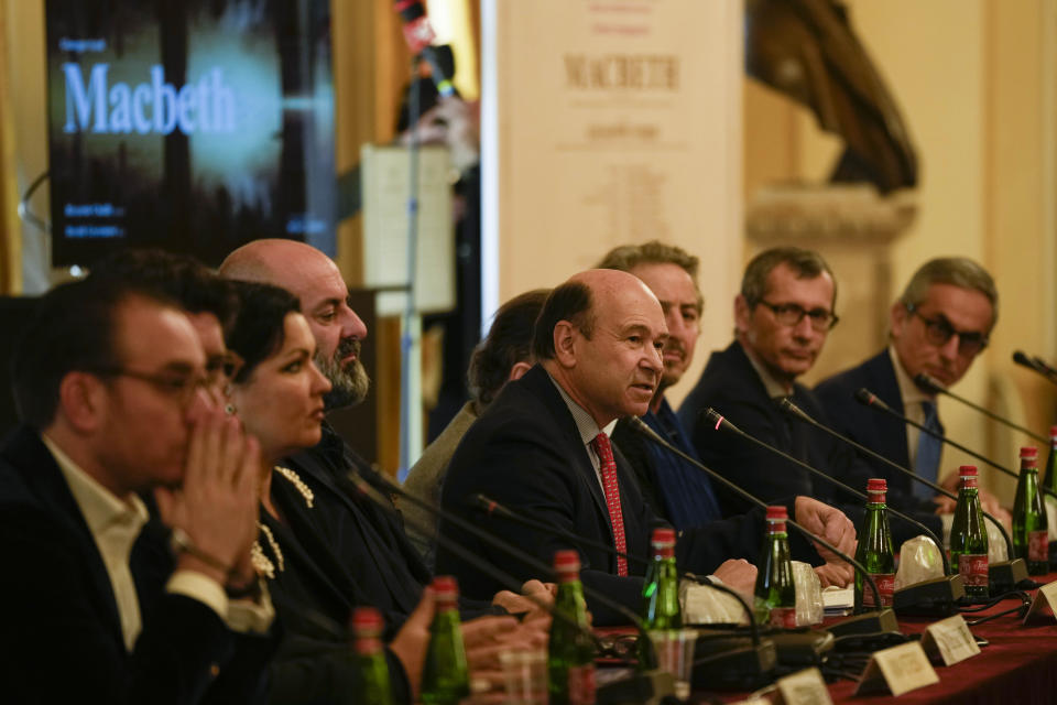 La Scala opera house general manager Dominique Meyer speaks during a news conference to present Giuseppe Verdi's 'Macbeth', who will open the opera season at the La Scala opera house next, Dec.7, 201, in Milan, Italy, Monday, Nov. 29, 2021. (AP Photo/Luca Bruno)