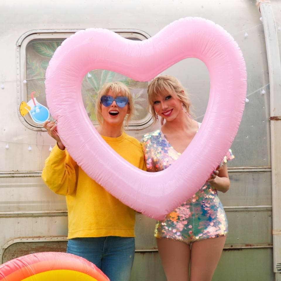 Taylor Swift, left, with drag queen Jade Jolie, who played Swift in the "You Need to Calm Down" music video.