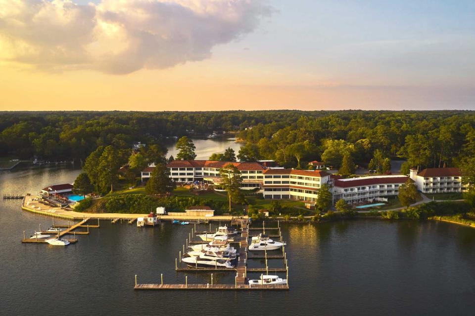 Aerial view of the hotel and marina at The Tides Inn