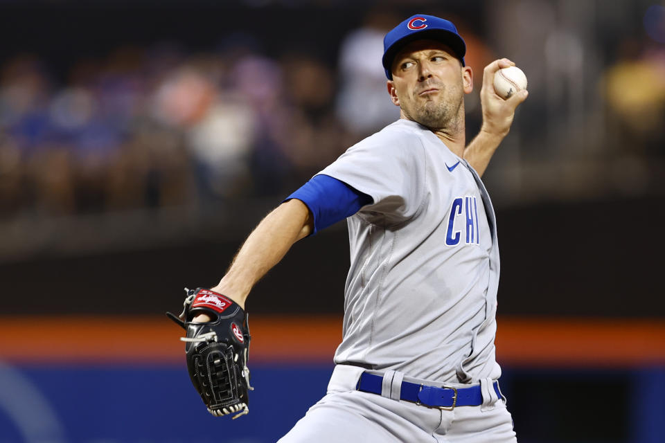 Chicago Cubs starting pitcher Drew Smyly delivers against the New York Mets during the second inning of a baseball game, Monday, Aug. 7, 2023, in New York. (AP Photo/Rich Schultz)