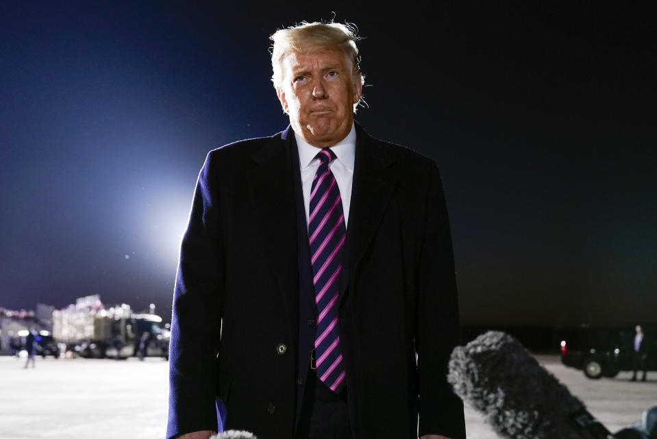 President Donald Trump speaks about the death of Supreme Court Justice Ruth Bader Ginsburg after a campaign rally at Bemidji Regional Airport, Friday, Sept. 18, 2020, in Bemidji, Minn. (AP Photo/Evan Vucci)