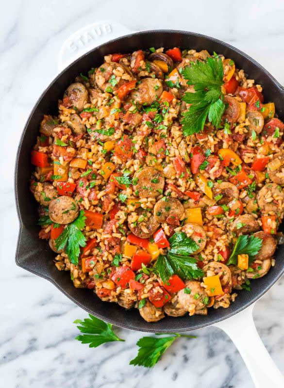 <p>This Italian sausage and rice casserole with peppers is a back-on-track, one-pan plan kind of meal. It’s healthy food you won’t be sad to eat, weeknight fast, and leaves you with only one dish to wash at the end.</p><p><strong>Get the recipe: <a href="https://www.wellplated.com/sausage-and-rice-casserole/" rel="nofollow noopener" target="_blank" data-ylk="slk:Italian Sausage and Rice Casserole;elm:context_link;itc:0;sec:content-canvas" class="link rapid-noclick-resp">Italian Sausage and Rice Casserole</a></strong></p>