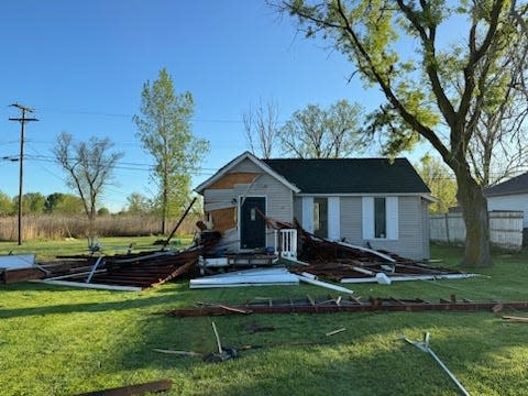 A house damaged by the previous night's storm on May 8, 2024.