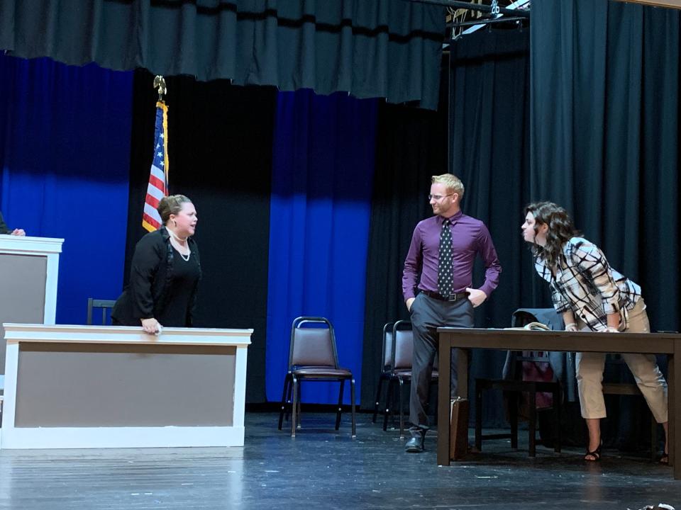 The court room drama "Night of January 16th" is the upcoming production of North River Theatre in Norwell, featuring, from left, Jamie Poskitt, Conor Hawley and Jordan Bagge.