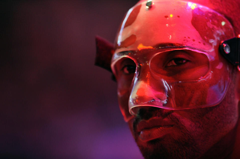 Bryant&nbsp;looks on during a&nbsp;game against&nbsp;the Minnesota Timberwolves on Feb. 29, 2012. He had suffered a concussion and a broken nose&nbsp;in the All-Star Game a couple weeks prior.