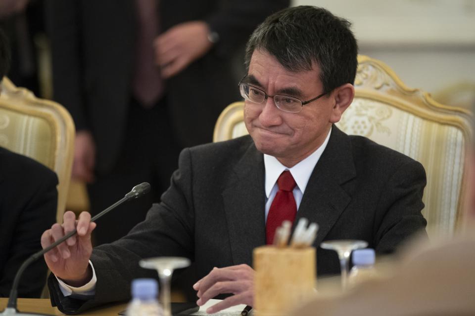 Japanese Foreign Minister Taro Kono speaks to Russian Foreign Minister Sergey Lavrov during their talks in Moscow, Russia, Monday, Jan. 14, 2019. (AP Photo/Alexander Zemlianichenko)