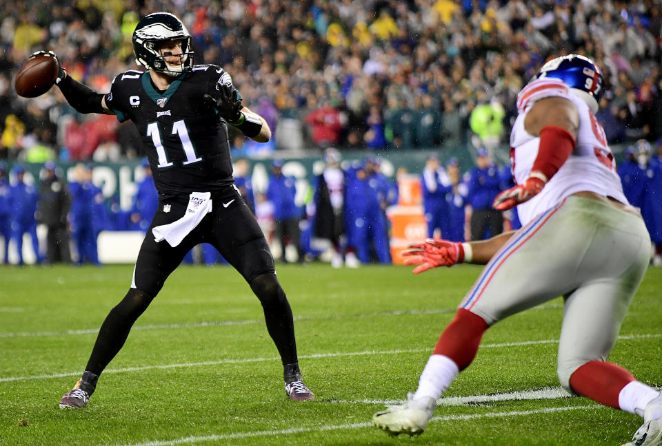 Quarterback Carson Wentz had a difficult night in the rain against the Giants. (Photo by Emilee Chinn/Getty Images)