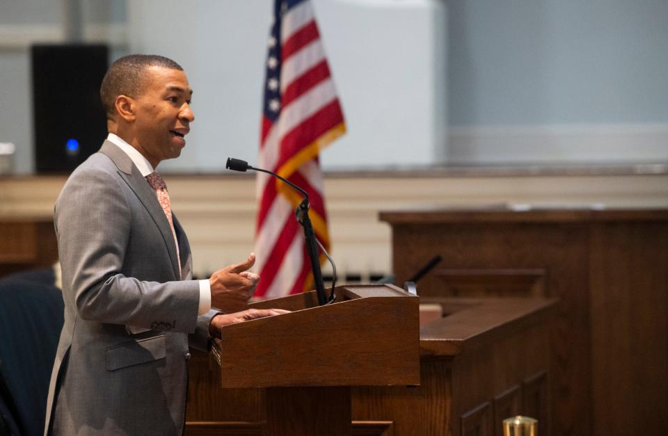 Mayor Steven Reed speaks during a city council meeting at Montgomery City Hall in Montgomery, Ala., on Tuesday, April 16, 2024.