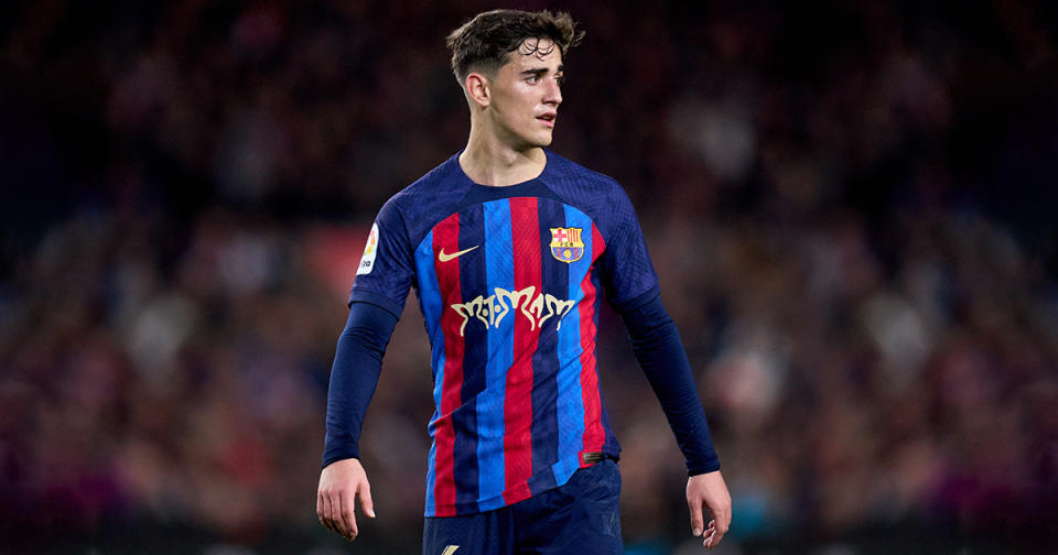 Gavi of FC Barcelona looks on during the LaLiga Santander match between FC Barcelona and Real Madrid CF at Spotify Camp Nou on March 19, 2023 in Barcelona, ​​Spain.