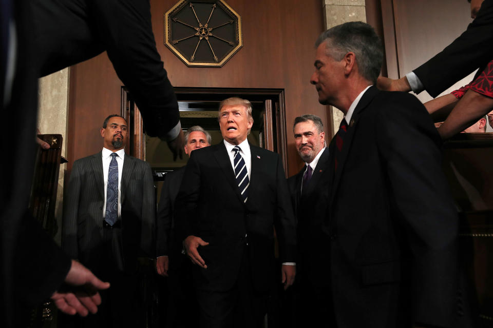 <p>President Donald Trump arrives on Capitol Hill in Washington, Tuesday, Feb. 28, 2017, for his address to a joint session of Congress. (Jim Lo Scalzo/Pool Image via AP) </p>