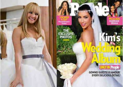 A closeup of Kate Hudson and Kim Kardashian reveal similar bridal styles. Photos by 20th Century Fox and People