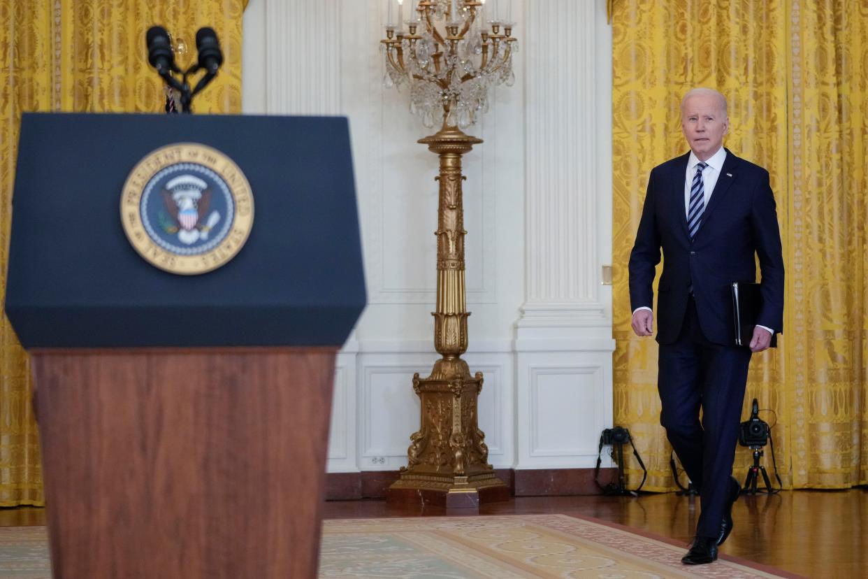 U.S. President Joe Biden arrives to deliver remarks about Russia's “unprovoked and unjustified" military invasion of neighboring Ukraine in the East Room of the White House on Feb. 24, 2022, in Washington, DC. Biden announced a new round of sanctions against Russia after President Vladimir Putin launched an attack on Ukraine from the land, sea and air on Thursday.