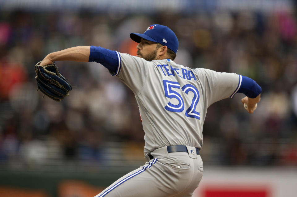 May 15, 2019; San Francisco, CA, USA; Toronto Blue Jays pitcher Ryan Tepera (52) delivers against the San Francisco Giants in the sixth inning of a Major League Baseball game at Oracle Park. Mandatory Credit: D. Ross Cameron-USA TODAY Sports