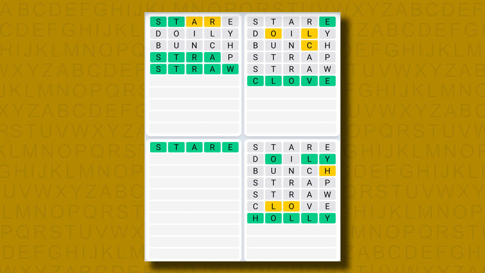 Quordle Daily Sequence answers for game 900 on a yellow background