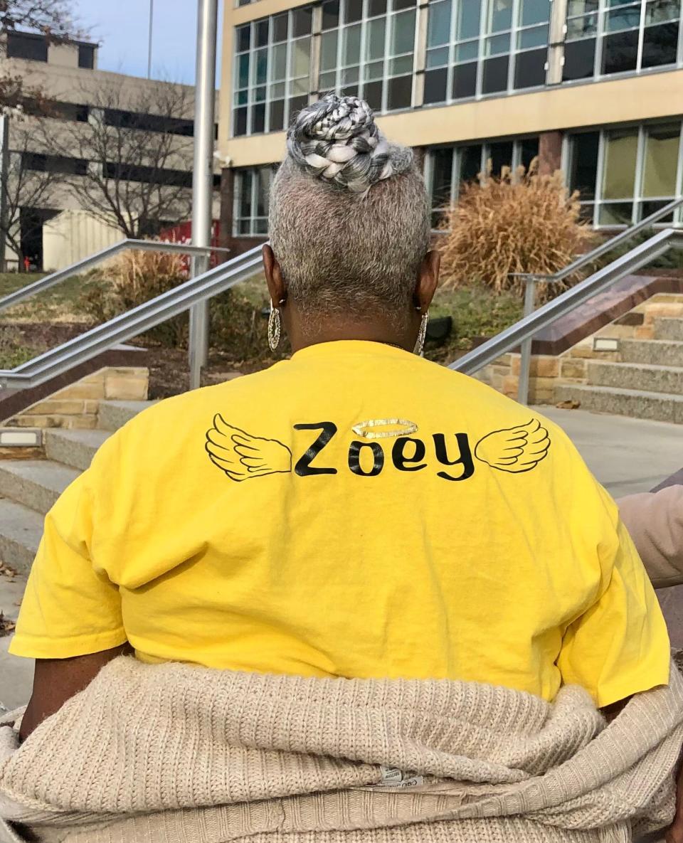 Sheryl Tyree wore a T-shirt memorializing 5-year-old Zoey Felix to Wednesday's court hearing for Mickel W. Cherry, the man accused of killing her.