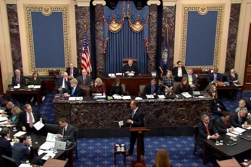 FILE PHOTO: Lead manager House Intelligence Committee Chairman Adam Schiff (D-CA) speaks during the third day of the U.S. Senate impeachment trial of U.S. President Donald Trump in this still image from video in the U.S. Senate Chamber at the U.S. Capitol in Washington, U.S., January 23, 2020.   Senate TV/Handout via Reuters