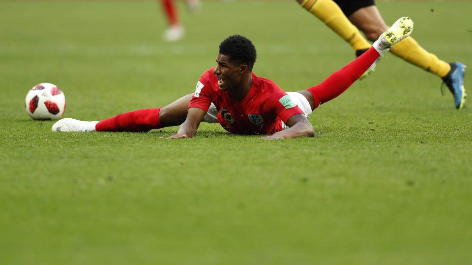 <p>England’s Marcus Rashford lies on the ground during the third place match between England and Belgium at the 2018 soccer World Cup in the St. Petersburg Stadium in St. Petersburg, Russia, Saturday, July 14, 2018. (AP Photo/Natacha Pisarenko) </p>