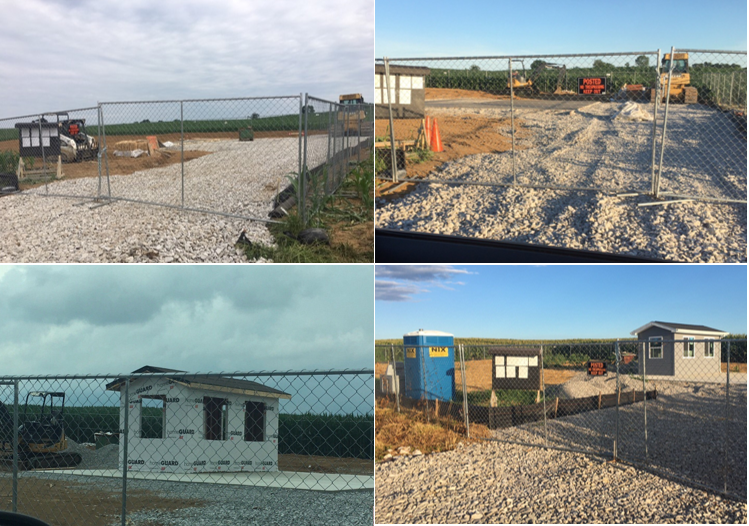 Submitted photos that show the progress of construction at the Riverview Energy site in Dale, Ind. Clockwise from top left: June 10, 2022 shows fencing and grading; June 17 shows concrete pad; June 26 shows beginning construction of shed; Aug. 21 shows shed.