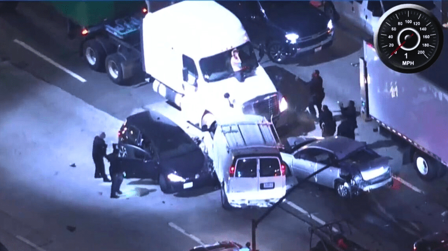 A pursuit came to a stop in Santa Monica when the driver rammed head on into vehicles on the 405 Freeway in Santa Monica on May 17, 2024.