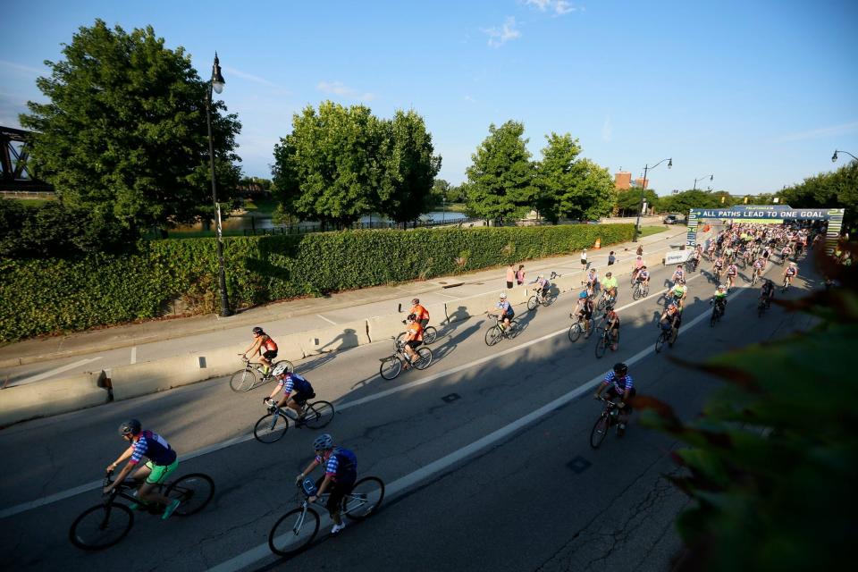 Riders take off from the start of the 25 and 50-mile rides for Pelotonia from McFerson Commons in 2016.