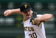 Pittsburgh Pirates starting pitcher Paul Skenes delivers the first pitch in his major league career to Chicago Cubs Mike Tauchman in the first inning of a baseball game in Pittsburgh, Saturday, May 11, 2024. (AP Photo/Gene J. Puskar)