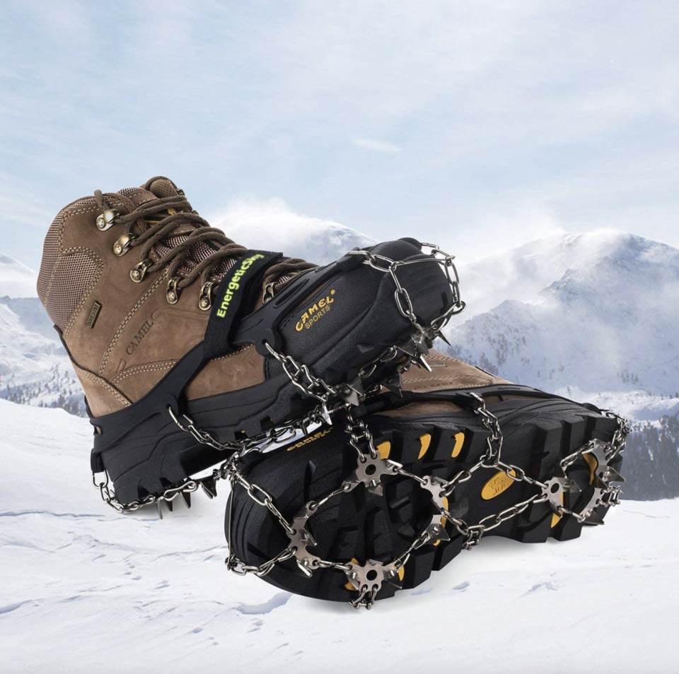 EnergeticSky Silicone & Stainless Steel Crampons on brown boots (Photo via Amazon)