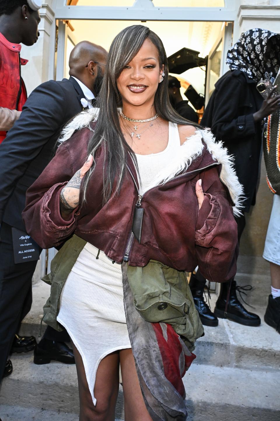 PARIS, FRANCE - JUNE 21: (EDITORIAL USE ONLY - For Non-Editorial use please seek approval from Fashion House) Rihanna attends the A$AP Rocky X American Sabotage by AWGE Menswear Spring/Summer 2025 show as part of Paris Fashion Week on June 21, 2024 in Paris, France. (Photo by Stephane Cardinale - Corbis/Corbis via Getty Images)
