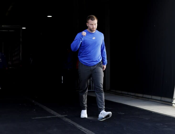 TAMPA BAY, FL- JANUARY 23, 2022: Los Angeles Rams head coach Sean McVay pumps his fist in the tunnel as he enters the field before the NFC Divisional game against the Tampa Bay Buccaneers at Raymond James Stadium on January 23, 2022 in Tampa Bay, Florida.(Gina Ferazzi / Los Angeles Times)