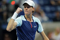 Jannik Sinner, of Italy, celebrates after winning a point against Carlos Alcaraz, of Spain, during the quarterfinals of the U.S. Open tennis championships, Thursday, Sept. 8, 2022, in New York. (AP Photo/Frank Franklin II)