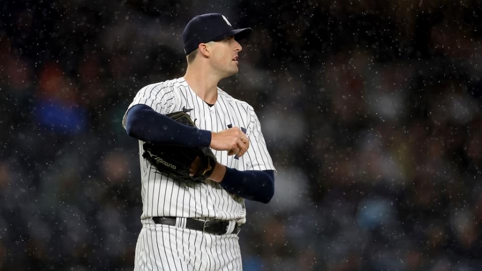 May 3, 2023; Bronx, New York, USA; New York Yankees relief pitcher Clay Holmes (35) reacts during the ninth inning against the Cleveland Guardians at Yankee Stadium.