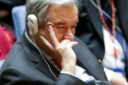 United Nations Secretary-General Antonio Guterres listens to members of the United Nations Security Council after voting against a Russian resolution condemning 'aggression' against Syria by the U.S. and its allies during an emergency meeting on Syria at the U.N. headquarters in New York, U.S., April 14, 2018. REUTERS/Eduardo Munoz