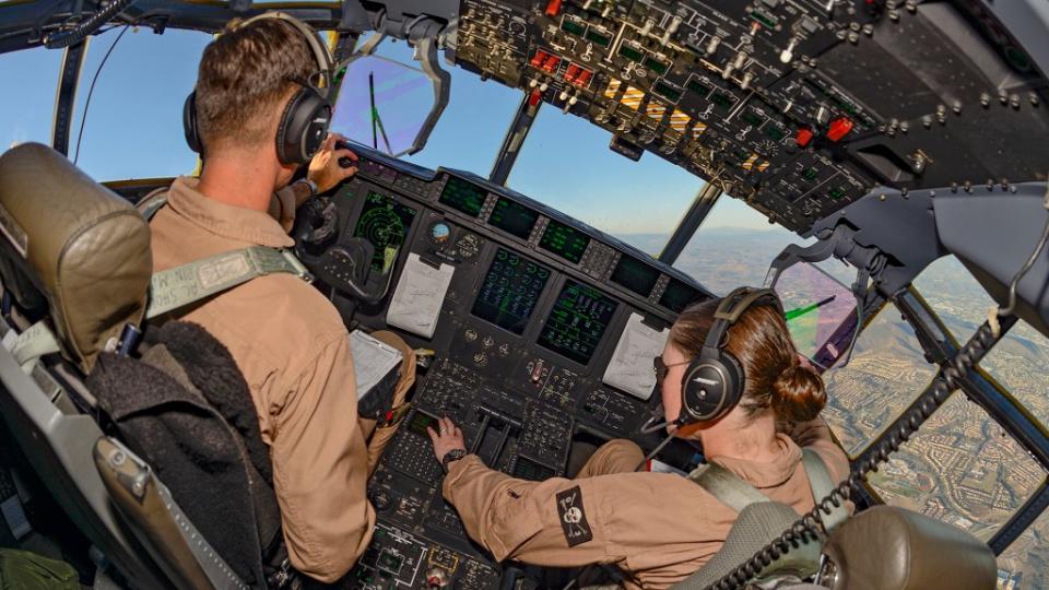 The cockpit of a KC-130J flown by the U.S. Marine Corps. <em>Jamie Hunter</em>