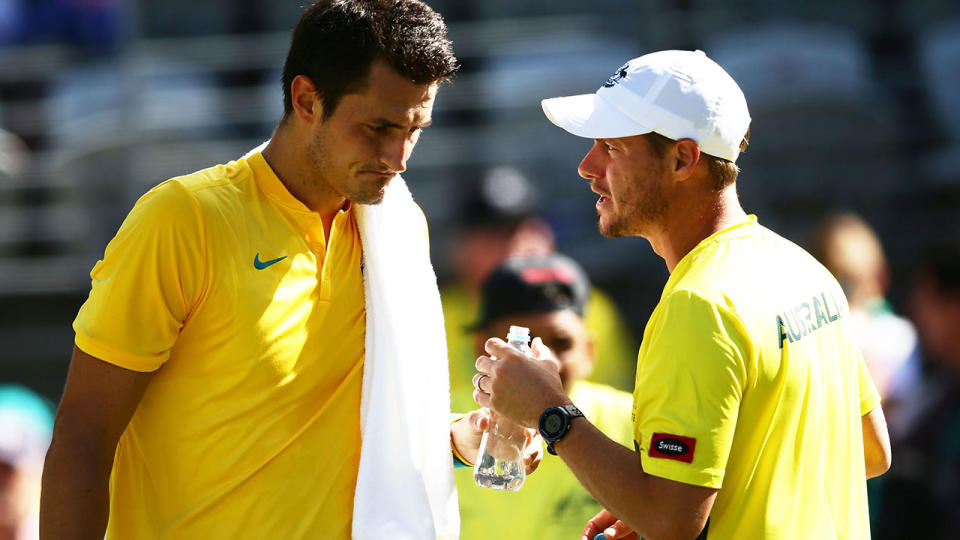 Bernard Tomic and Lleyton Hewitt in 2016. (Photo by Matt King/Getty Images)