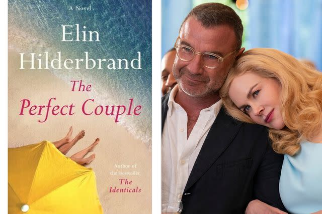 <p>Little, Brown and Company; Hilary Bronwyn Gayle/Netflix</p> The cover of 'The Perfect Couple' and Liev Schreiber and Nicole Kidman in the Netflix adaptation