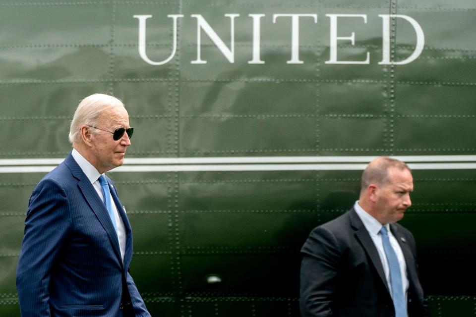 US President Joe Biden walks to the Oval Office after disembarking Marine One on the South Lawn of the White House in Washington, DC, on May 18, 2022. - Biden travelled to Joint Base Andrews to receive a briefing on interagency efforts to prepare for and respond to hurricanes this season. (Photo by Stefani Reynolds / AFP) (Photo by STEFANI REYNOLDS/AFP via Getty Images)