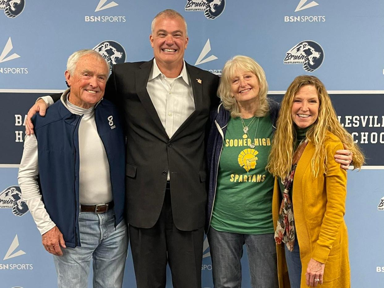 Bob Pomeroy, Chris Batchelder, Carol Green and Diana Dunn-Williams gather to celebrate the Bartlesville Sports Commission announcement of the 2024 Athletic Hall of Fame inductees.