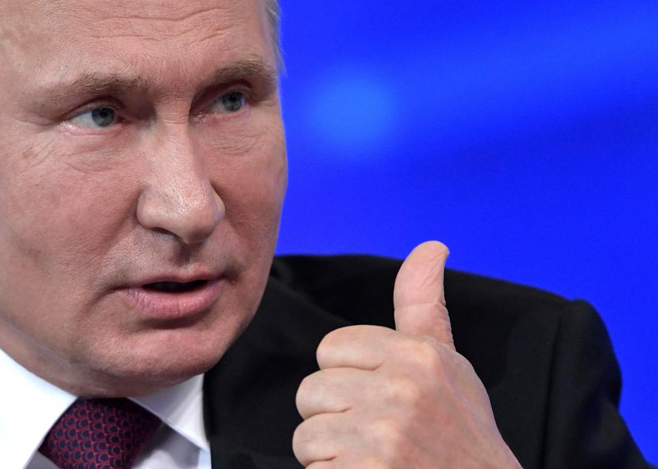 Russian President Vladimir Putin gestures while speaking during his annual call-in show in Moscow, Russia, Thursday, June 20, 2019. Putin hosts call-in shows every year, which typically provide a platform for ordinary Russians to appeal to the president on issues ranging from foreign policy to housing and utilities. (Alexei Nikolsky, Sputnik, Kremlin Pool Photo via AP)