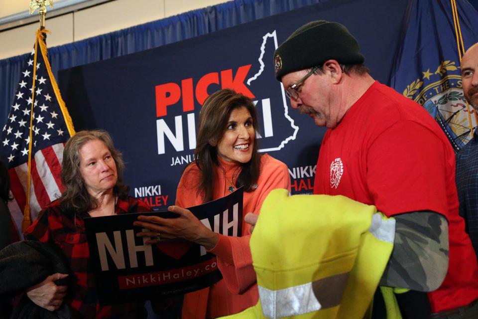 Presidential candidate Nikki Haley holds a town hall event at the Omni Mt. Washington Hotel & Resort in Bretton Woods Jan. 16, 2024 and poses with supporters at the end of the event.