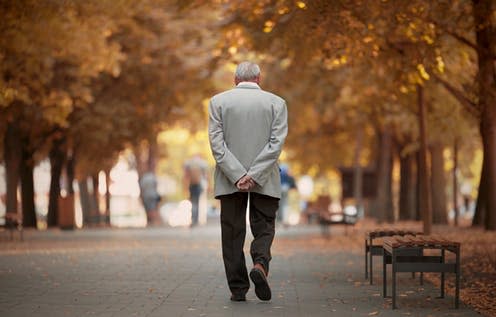 <span class="caption">The way a person with Lewy body dementia walks is different from the way a person with Alzheimer's walks. </span> <span class="attribution"><a class="link " href="https://www.shutterstock.com/image-photo/old-man-walking-autumn-park-714347008?src=TG6Jnu447xn9GaoPA_d2Sw-1-67" rel="nofollow noopener" target="_blank" data-ylk="slk:SasaStock/ Shutterstock;elm:context_link;itc:0;sec:content-canvas">SasaStock/ Shutterstock</a></span>