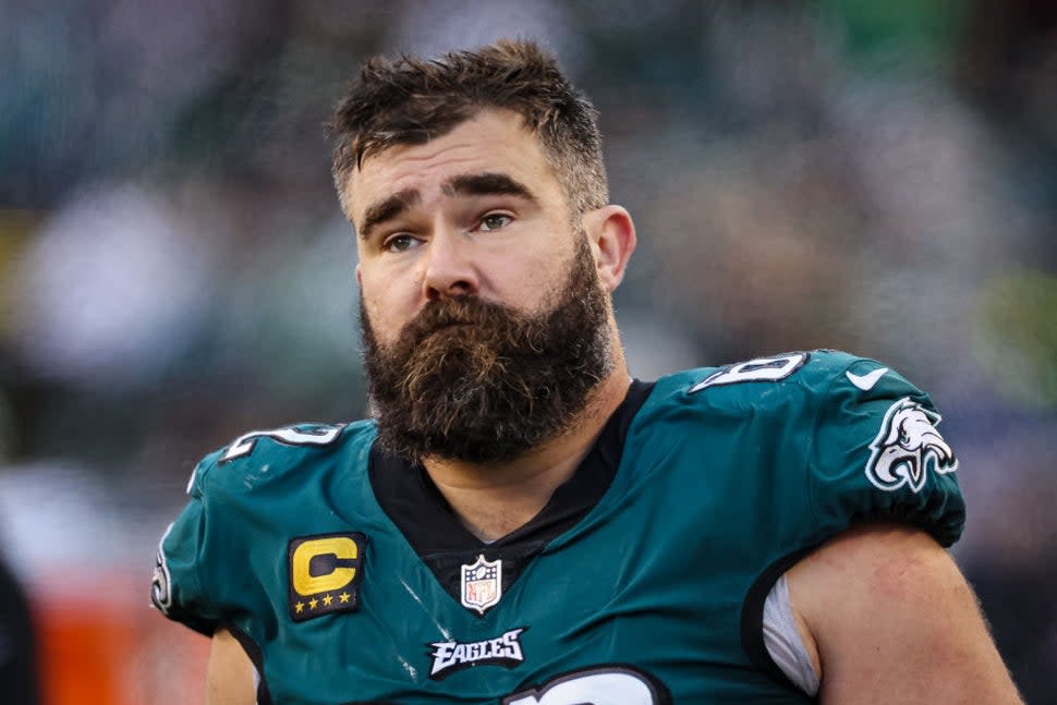  Jason Kelce #62 of the Philadelphia Eagles looks on during the second half of the game against the Tennessee Titans at Lincoln Financial Field on December 4, 2022 in Philadelphia, Pennsylvania.