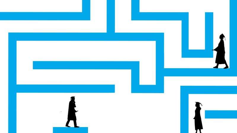 An illustration showing college graduates navigating a maze