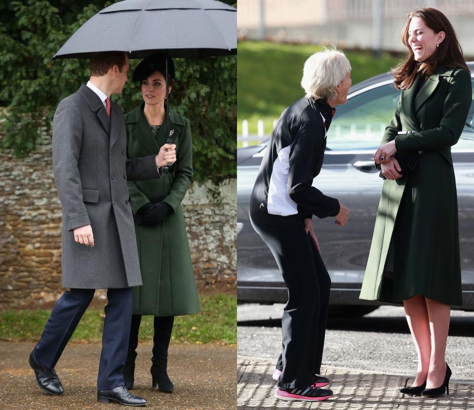 <p>The then-Duchess of Cambridge donned a hunter green Max Mara midi-length coat to attend Christmas Services in Sandringham in December 2015. She later wore it to visit Edinburgh in February 2016. </p>