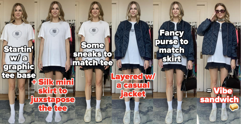 Me deconstructing how I styled the second outfit by mismatching a casual tee with a mini skirt