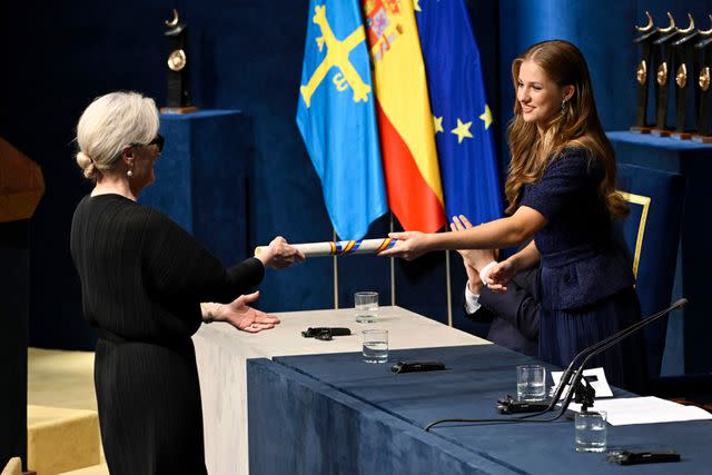 <p>Carlos Alvarez/Getty</p> Meryl Streep receives the Princess of Asturias Award for the Arts from Princess Leonor at the 2023 Princess of Asturias Awards.