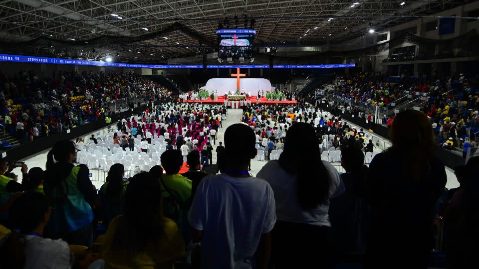 Pope Francis leads Mass at the Steppe Arena in Ulaanbaatar  on Sunday. - Pedro Pardo/AFP/Getty Images