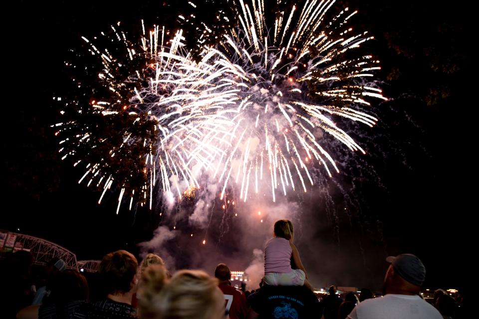 People watch the Western & Southern/WEBN fireworks show at Riverfest on Sunday, Sept. 5, 2021, at  Sawyer Point and Yeatman's Cove in Cincinnati. 