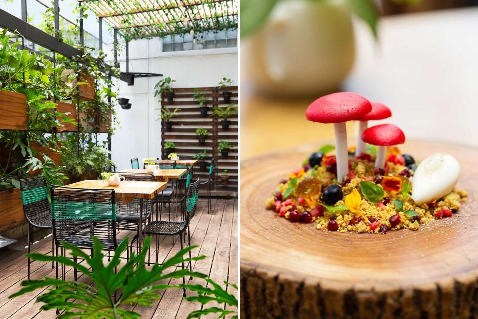 Two photos from La Postreria cafe in Mexico, showing the interior, and a dish shaped like toadstool mushrooms