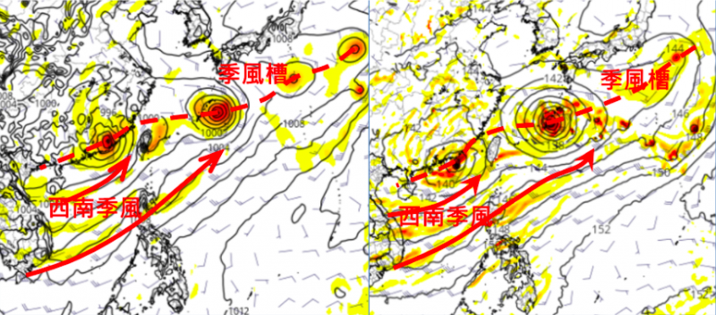 20210803-最新歐洲模式（左）跟美國模式（右），兩者顯示各低壓強度、位置皆有差異，唯「西南季風」盛行是兩者相同的。（取自洩天機教室）